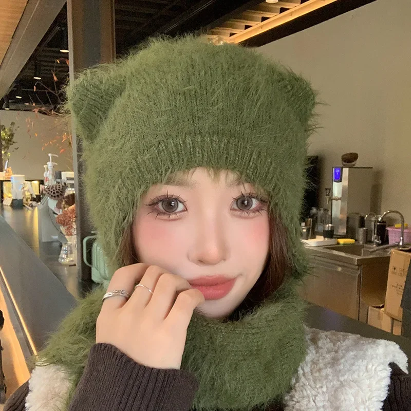 Шерстяная Шапка Bear Ears Женская осенне-зимняя трикотажная шапка с фонариком и