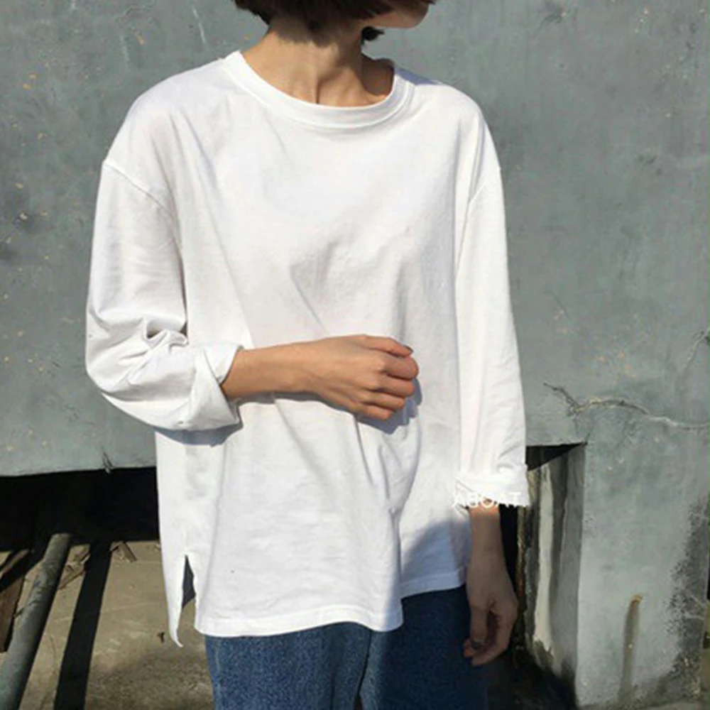 

Autumn White Woman Clothing Black Basic Tops Korean Harajuku Cotton Blouses Kpop Female Top Casual Loose Long Sleeve T-shirts