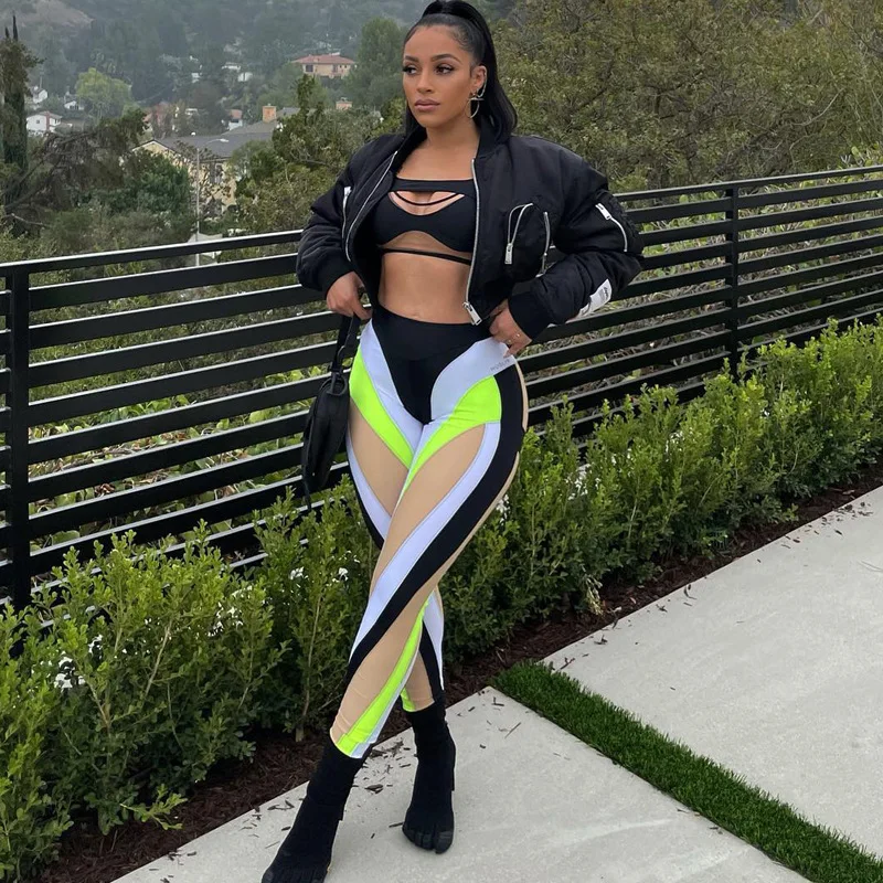 

Autumn Contrast Stitching Fluorescent Ink Print Sexy Tight Hip Lifting Pants