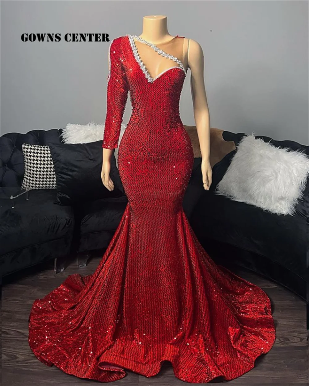 

Red Prom Dresses 2022 For Black Girls Sequin Party Dresses Women Evening Long Sleeve Mermiad Formal Gown Elegant vestido festa