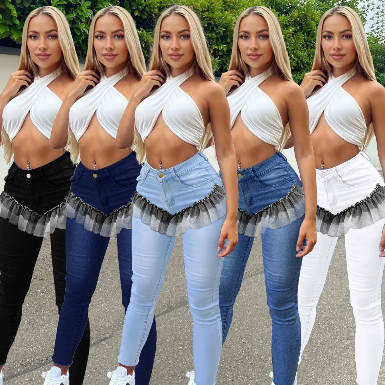 

Женские джинсы, белые кружевные лоскутные пикантные элегантные джинсовые скинни, женские брюки