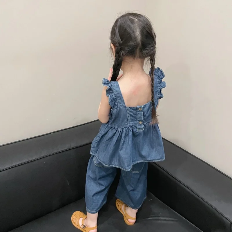 

2022 Summer girls fashion denim clothing set baby girl ruffles vest and wide leg pant 2pcs suit children backless suit