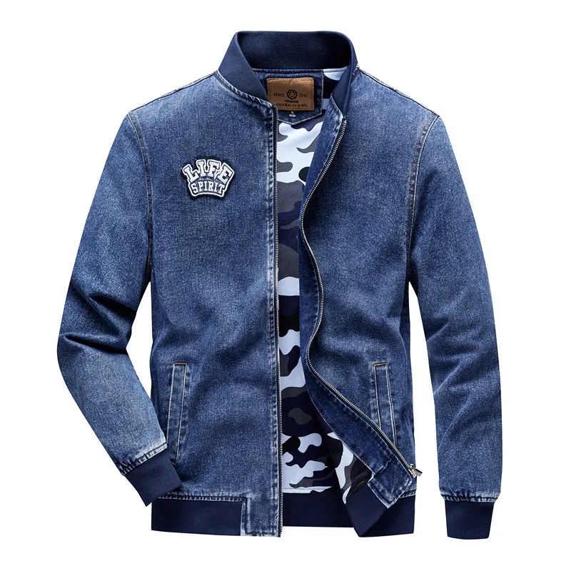 Men's Denim Jacket Stand Collar Slim-Fit Letter Embroidered Jackets Vintage Casual Blue Coats Windbreaker Male Plus Size M-4XL