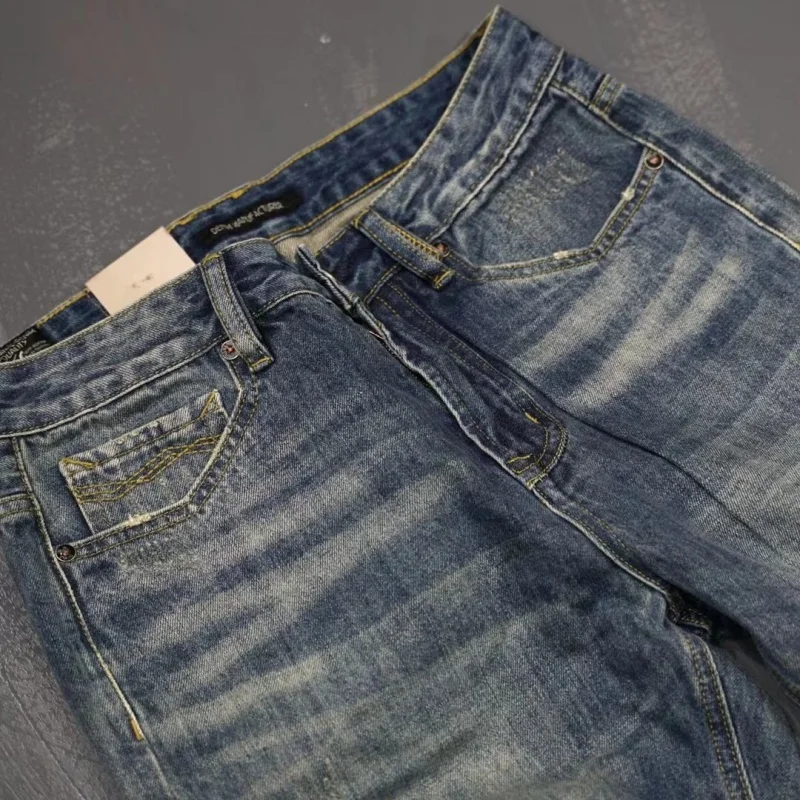 Heavy cotton Japanese retro jeans, men's small straight pants, casual old frock pants.