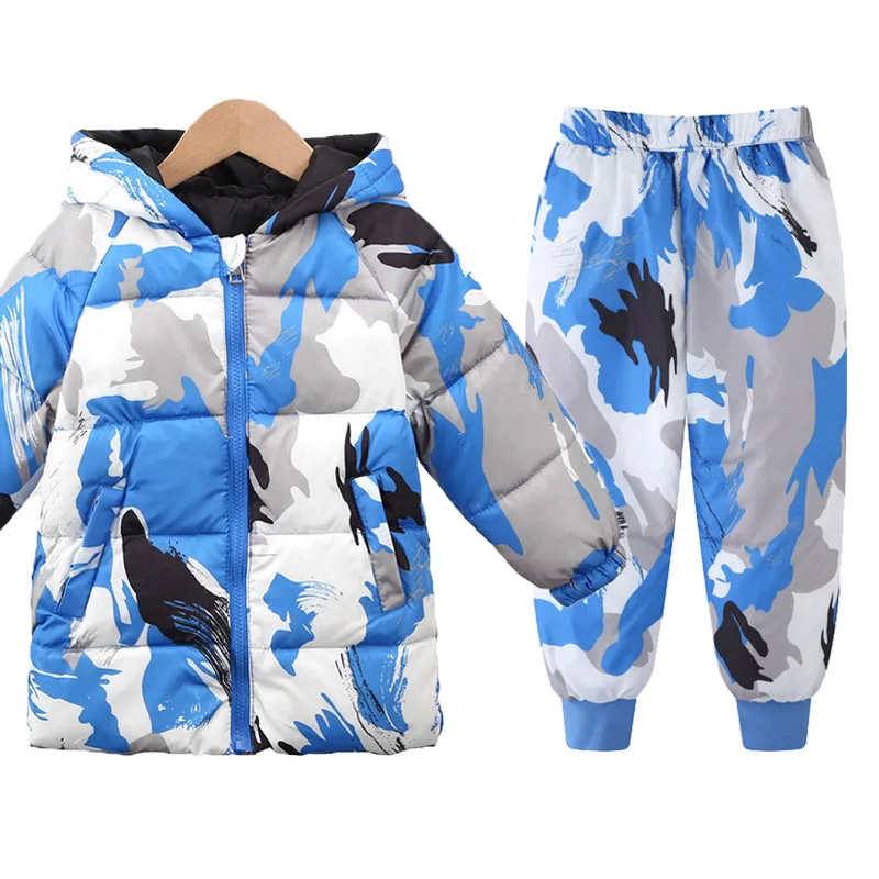 

Winter Boys Girls Camouflage Down Jacket Trousers Clothing Sets Children Zipper Coat Pant Sports Suit Kids Teen Students Clothes