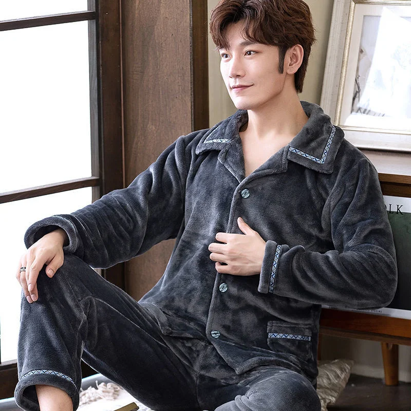 Winter Thick Homewear Men's Flannel Pajamas Sexy Sleepwear Set Man Stripe Soft Pajama Set Button Full Sleeve Shirt Pant 2PCS/Set