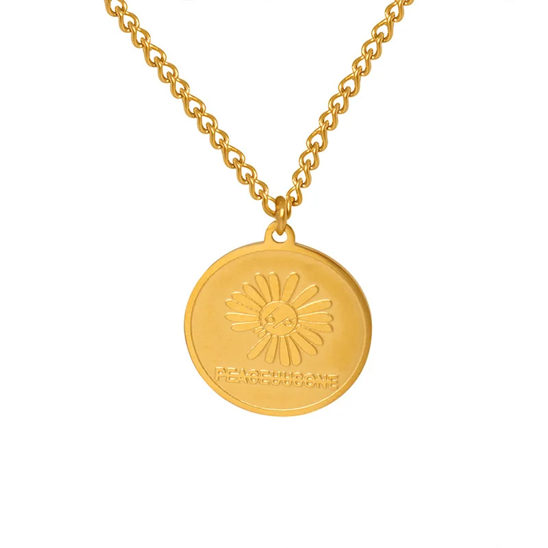 

Pastoral Style Sweet And Cool Ladies Necklace Niche Collarbone Chain Personality Round Card Embossed Flower Letter Jewelry