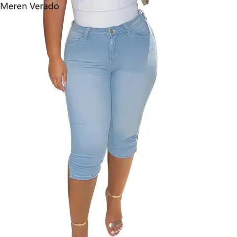 Meren Verado Casual Streetwear Solid Women Jeans Shorts Classical Style Washed Super Stretchy Denim Pencil Capri Pants