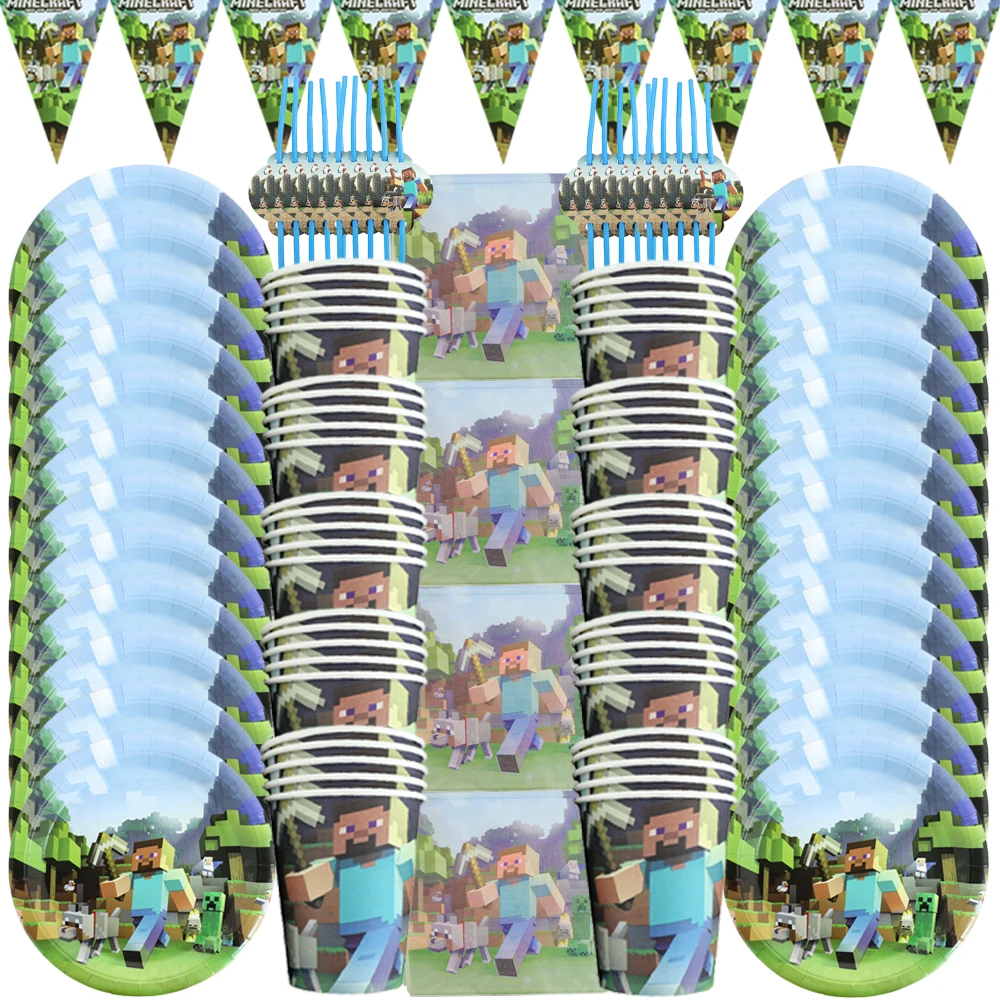 

Miner Crafting Pixel Game Birthday Party Decorations Disposable Tableware Set Cup Plate Napkins Baby Shower Kids Party Supplies