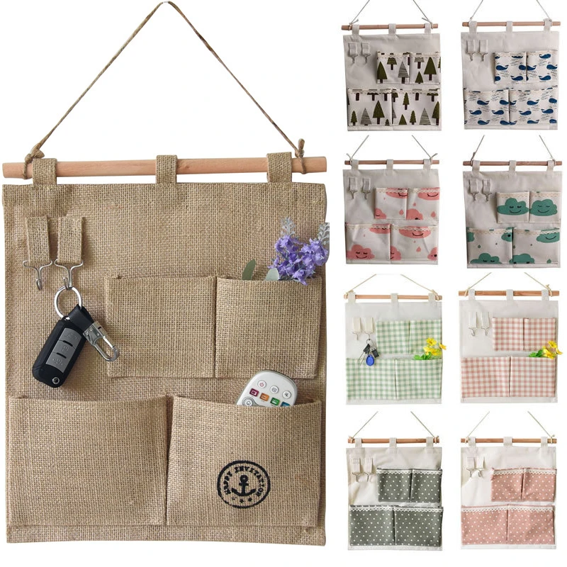 

4 Pockets Cotton Wall Mounted Storage Bag Room Door Back Sundries Hanging Bag with Hooks Closet Cosmetic Toys Organizer Pouches