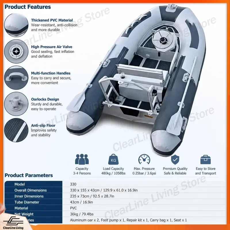 Фото Надувная лодка RIB300 (9,8 футов) из ПВХ Orca Hyperion, прочная, быстродействующая, алюминиевая, для рыбалки, катания, использования в качестве тендерной лодки, каяка, каноэ, для водных видов спорта №4
