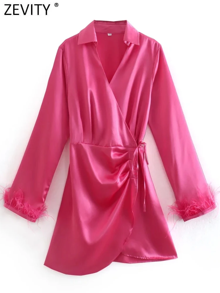 

ZEVITY Women Fashion Sleeve Feathers Design Soft Satin Mini Dress Female Chic Side Pleat Lace Up Casual A Line Vestidos DS9324