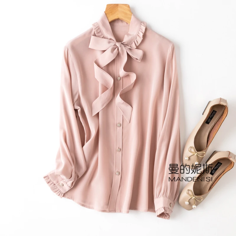 

Pink Natural Silk 2022 New Vintage Top Long Sleeve Blouse Peter Pan Collar Solid Buttoned Shirt Single Breasted Straight