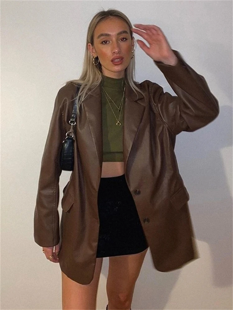 

Женские блейзеры из искусственной кожи, однобортные винтажные свободные куртки с длинными рукавами и карманами, женские новые пальто, женский костюм, верхняя одежда