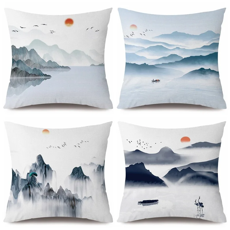 

Новый чехол для диванной подушки в китайском стиле, льняная Подушка с ландшафтным рисунком, оптовая продажа, чехол для гостиной, диванной по...