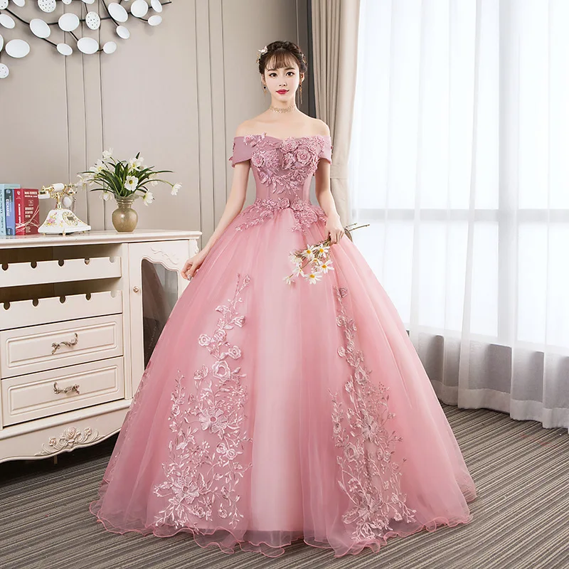 

Pink Off Shoulder Tulle Ball Gown Classic Appliques Beading Sweet 16 Dress Lace Floor-length Flower Sleeveless Quinceanera Dress