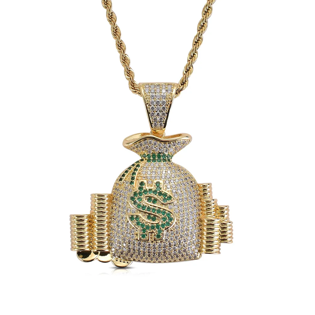 

Hip Hop US Money Bag Stack Cash Coins Pendant Necklaces Gold colour Necklaces Men Charm Jewelry