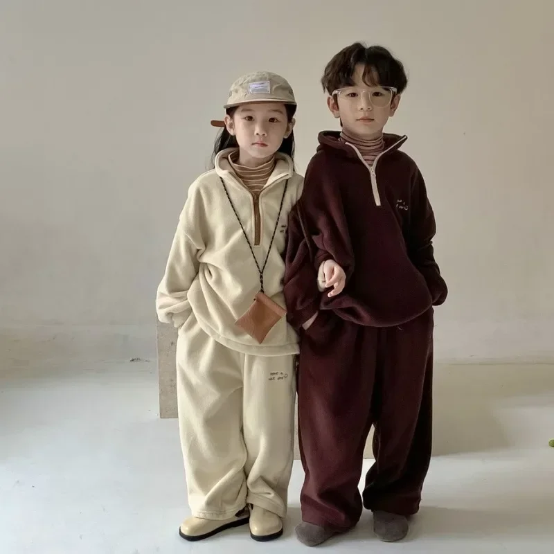 

Children Clothing Set 2023 Winter Boys and Girls Korean Style Solid Color Letters Two Piece Set Thickened Casual Zipper Hoodie