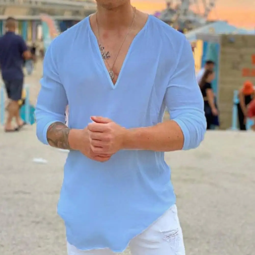 

Men T-Shirt Nice-looking Deep V-neck Dress Up Loose Type Casual Indoor Outdoor Firm Stitching Summer Shirt for Daily Life