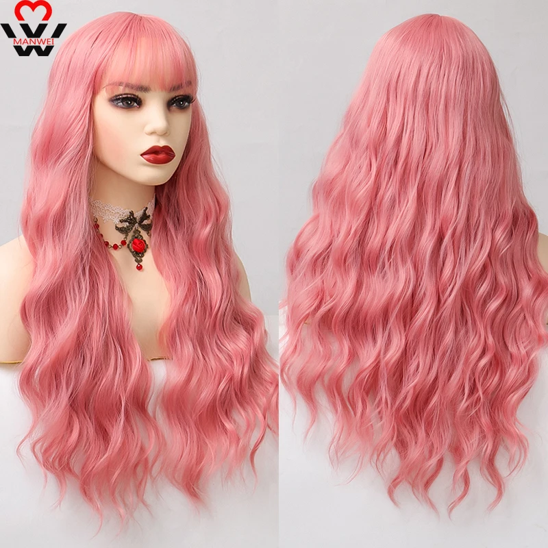 MANWEI Synthetic Wigs Red Brown Copper Ginger Long Straight for Women Natural Wave Wigs with Bangs Heat Resistant Cosplay Hair