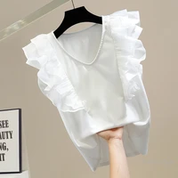sleeveless cotton t shirt women fashion color contrast sweet tridimensional organza ruffled v neck patchwork slim fit pullover t