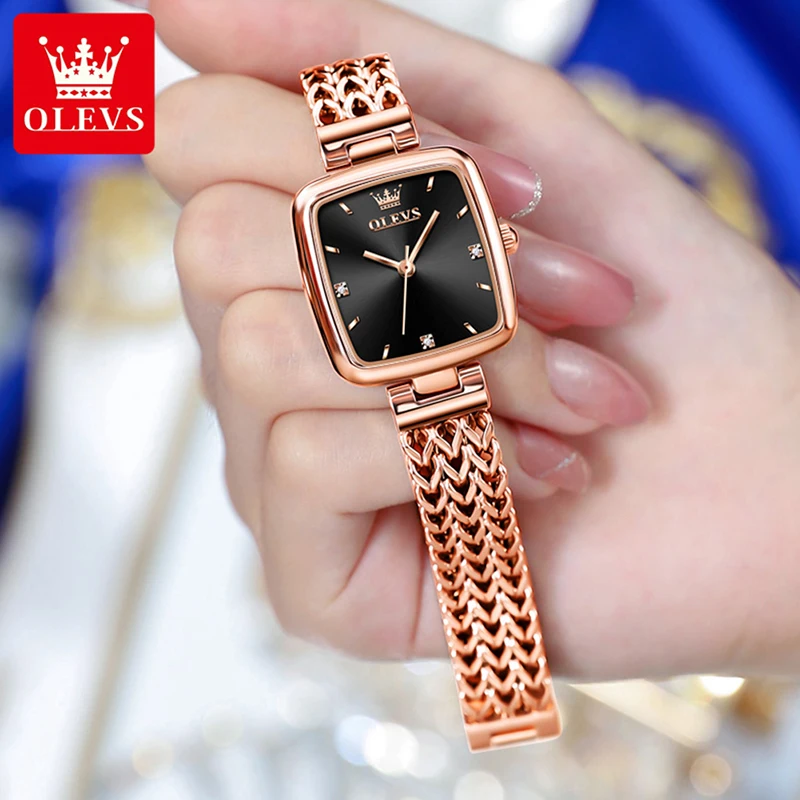 OLEVS 2023 New Casual Quartz Women Watch Fashion Rose Gold Strap Square Dial Design High Quality Women Watch 30M Waterproof 9951