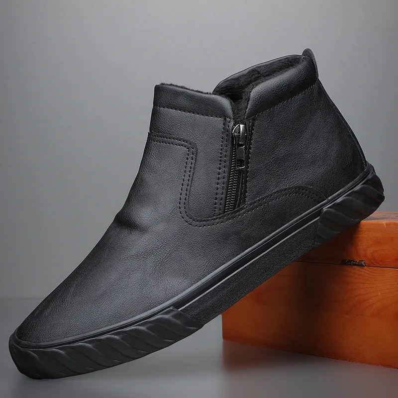 

Мужские зимние ботинки с плюшевой подкладкой, черные ботинки без шнуровки, теплая кожаная повседневная обувь, толстые кожаные ботинки для снега, зима 2023