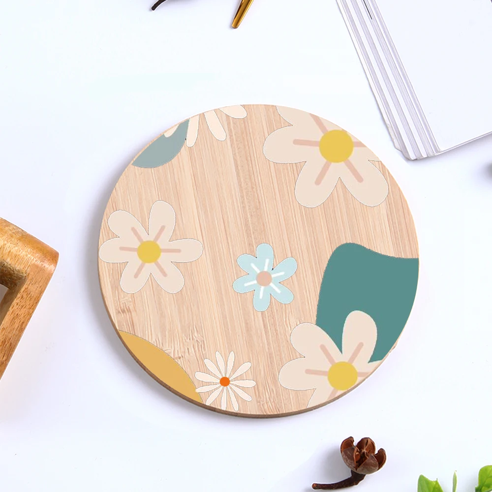 

Bamboo Drink Coasters Cup Pads Insulated Round Cup Mats Home Office Table Decor Art Flower Crafts Gift Drinkware