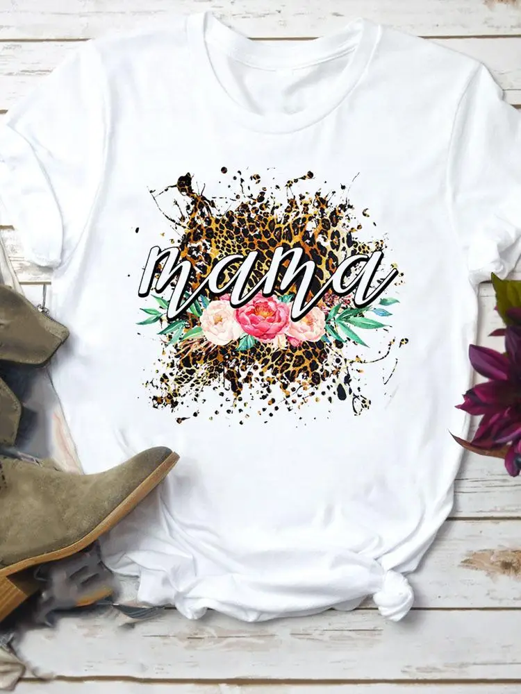 

Women Short Sleeve Summer Clothes Cartoon Fashion Clothing Leopard Letter Mama Mom Style Female Top Tee T-shirt Graphic T Shirt