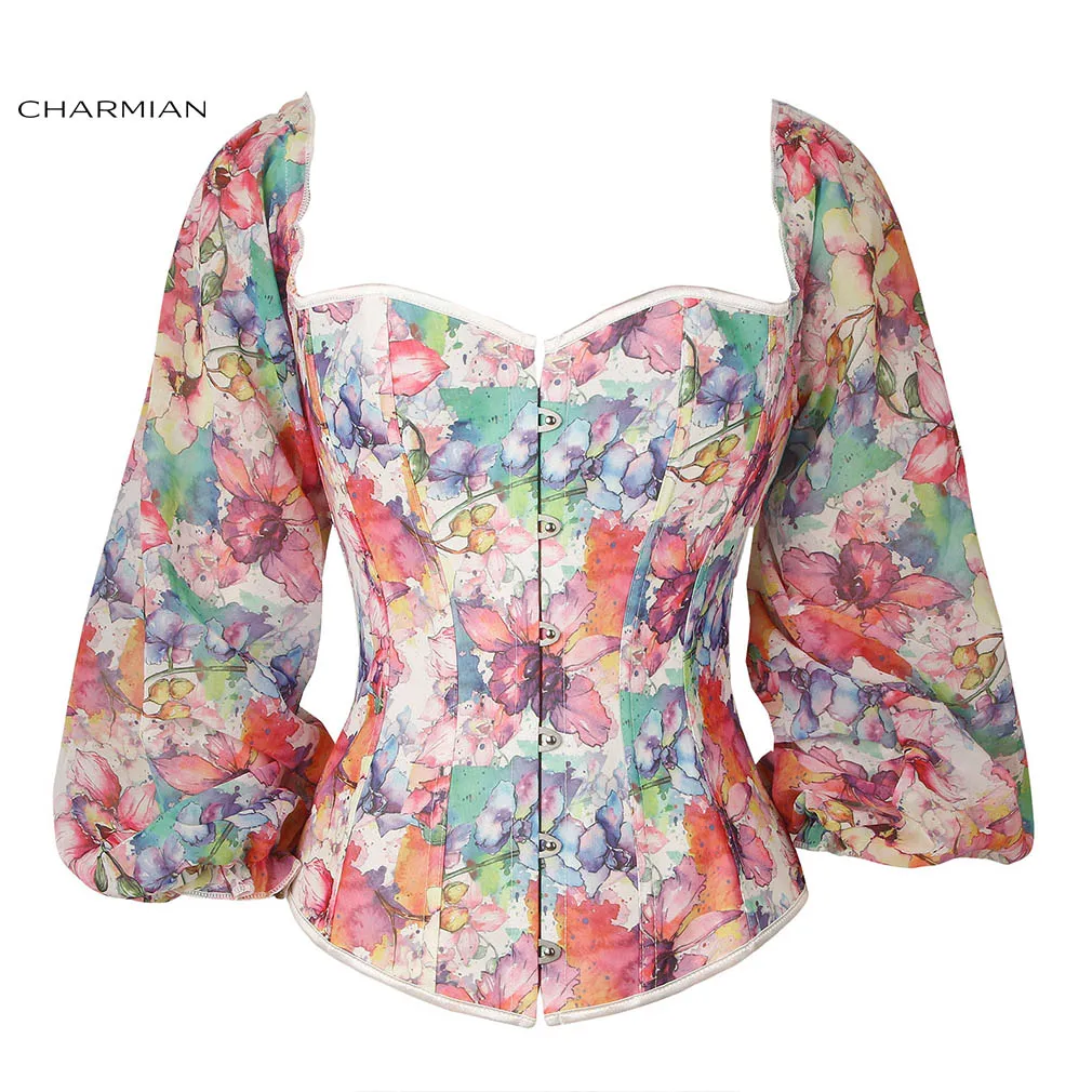 

Charmian Retro Floral Print 12 Plastic Bone Off-shoulder Long Sleeve Sexy Corset and Bustier Cincher Body Shaper Overbust Corset