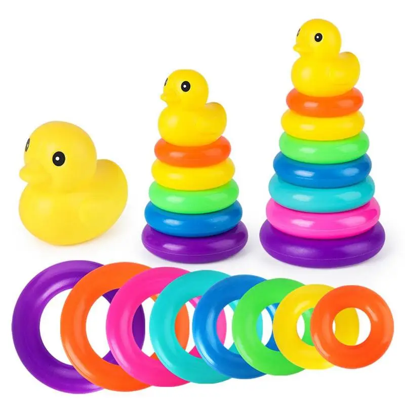 

Baby Montessori Toys Yellow Duck Rainbow Tower Stacking Circle Early Educational Shape Color Size Recognition Stacker Game