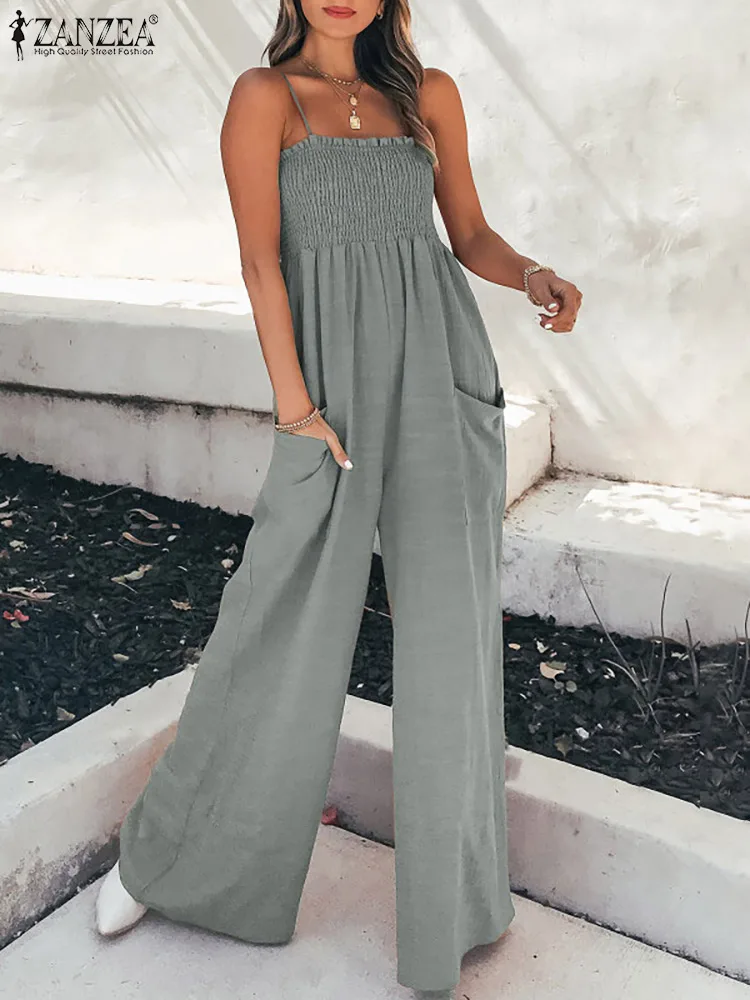 

ZANZEA Summer Wide Leg Rompers 2022 Fashion Sleeveless Maxi Jumpsuits Women Holiday Elegant Long Playsuits Casual Solid Overalls