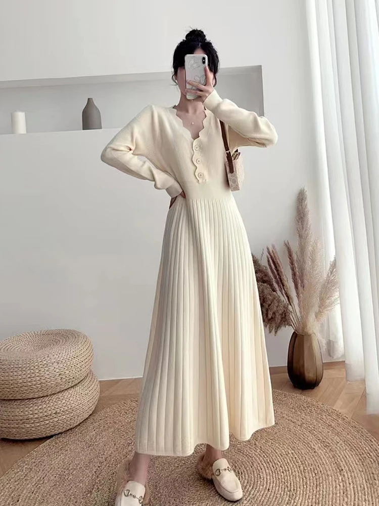 

Винтажное корейское плиссированное платье, элегантный свитер с длинным рукавом для вечевечерние, женское облегающее платье для офиса, Осен...