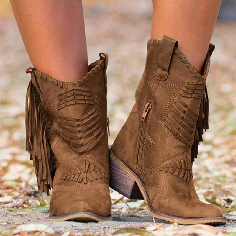 

2022 Women Boots Western Cowgirl Fringe Boots Vintage Motorcycle Riding Boots Thick High Heel Leather Plus Size Chaussure Femme