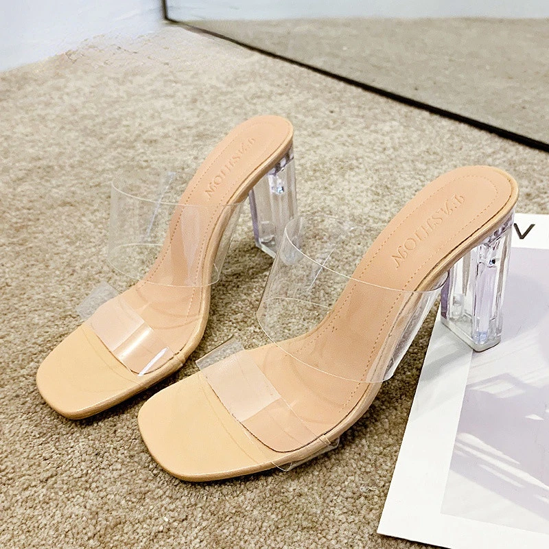 

Transparent High Heels Women Square Toe Sandals Summer Shoes Woman Clear High Pumps Wedding Jelly Buty Damskie Heels Slippers