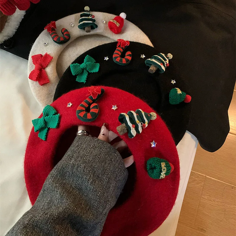 

Winter Woolen Beret Hat Women Girls Warm Versatile British Student Painter Cap Female Bow Bonnet Festival Christmas Party Gifts