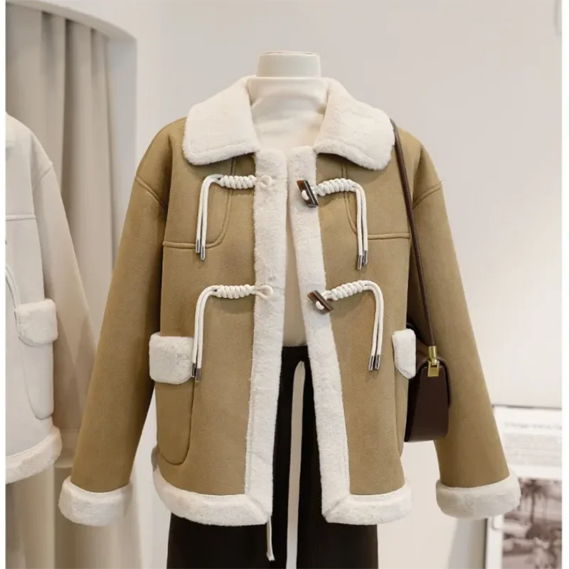 

Новинка 2023, осенне-зимние замшевые мотоциклетные куртки из овечьей шерсти, женская теплая парка с подкладкой, модная короткая куртка с искусственным мехом, верхняя одежда