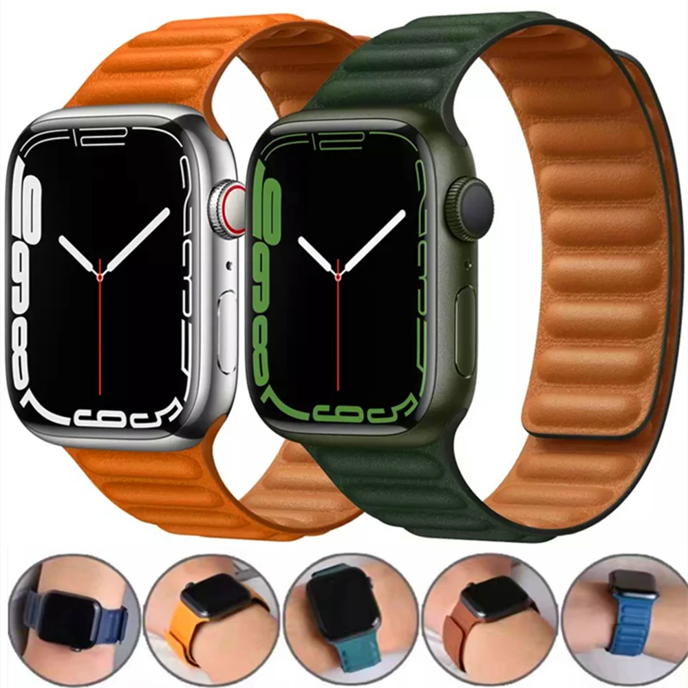 

Кожаный ремешок для Apple watch, браслет с магнитной петлей для iWatch series 7 SE 6 5 4 3 2, 45 мм 41 мм 42 мм 38 мм 40 мм 44 мм