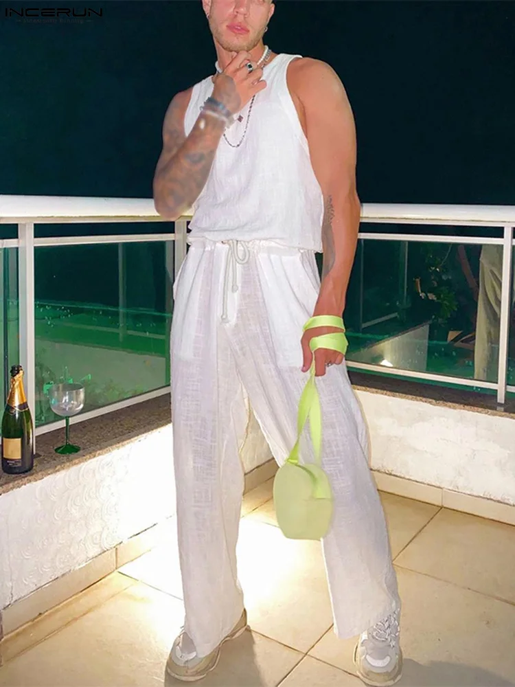 

2022 Men Jumpsuits Solid Color Drawstring O-neck Sleeveless Rompers Men Breathable Streetwear Cozy Casual Overalls S-5XL INCERUN