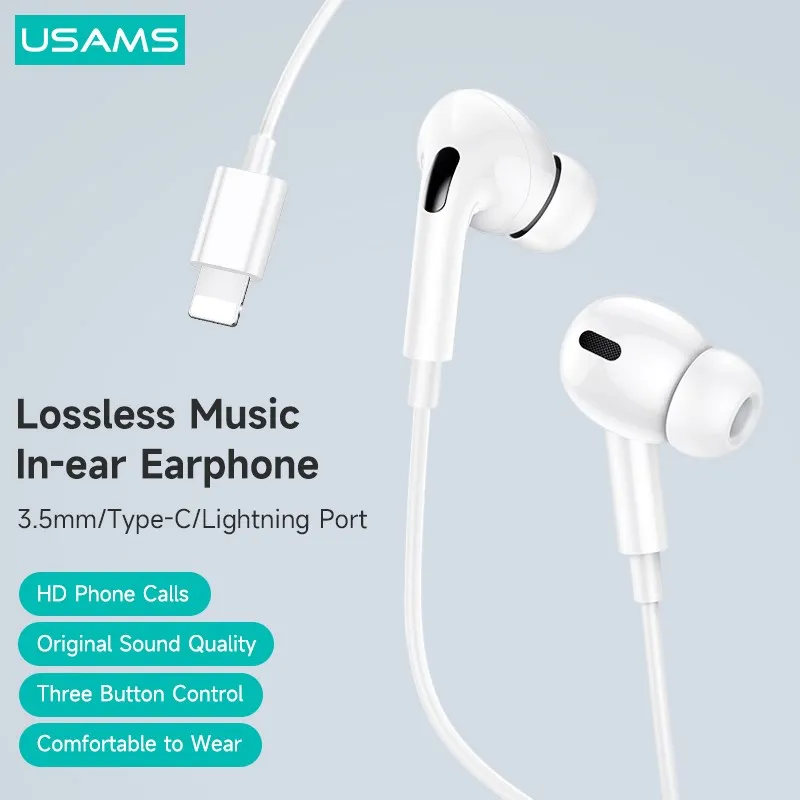 

USAMS EP-41 Stereo Lightning Wired Earphone For iPhone iPad 3.5mm Type C HiFi Deep Bass Earbuds For Huawei Samsung Xiaomi MP3