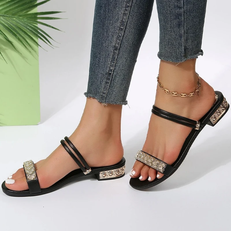 2023 New Women Fashion Rhinestone Decor Slide Flat Sandals Glamorous Back Strap Slipon Outdoor Woman Sandals Female Shoes