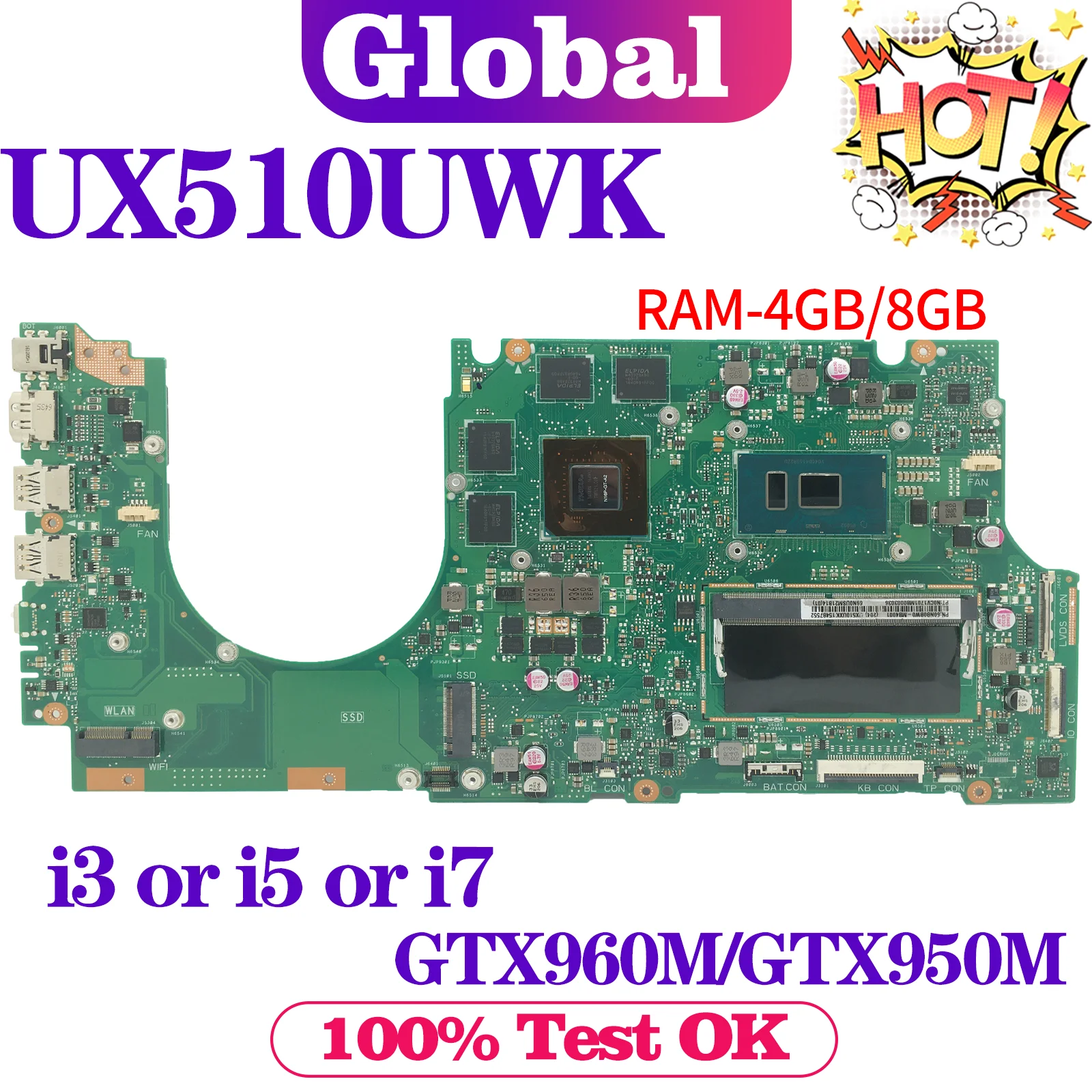 

KEFU For ASUS UX510UWK UX510UW UX510U U5000U UX510UXK Laptop Motherboard UX510UX Mainboard i3 i5 i7 GTX950M/GTX960M 4GB/8GB-RAM