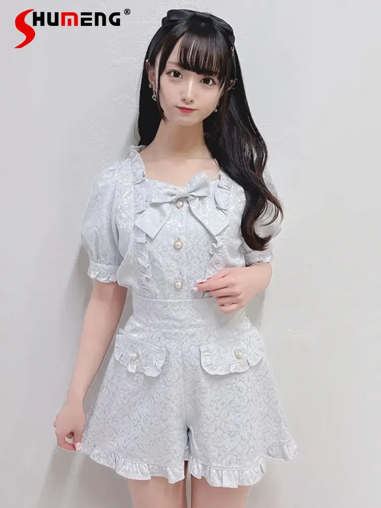 Elegant Sweet Outfit Japanese Style Cute Short Puff Sleeve Bow Shirt and Woman High Waist Slim Shorts 2 Pieces Set 2023 Summer