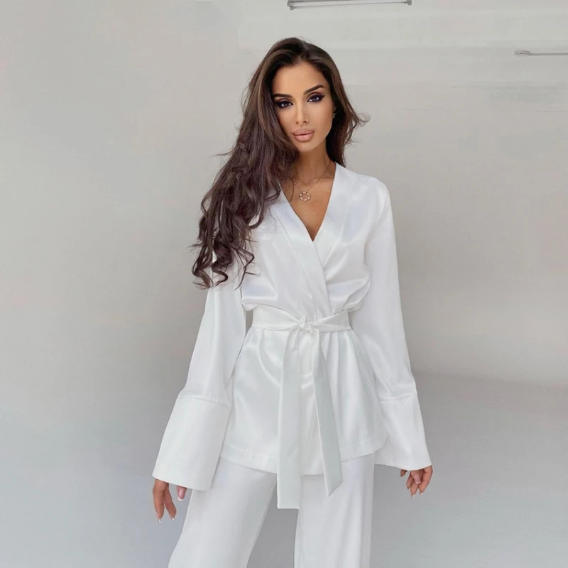Autumn Satin Robe Sets  For Women Solid Color Pajamas Full Sleeves Women's Home Clothes Trouser Suits Nightgowns Loungewear