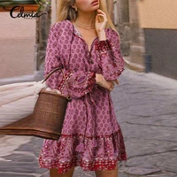 bohemian dress 2022 celmia summer women floral printed mini dress sexy lace up v neck casual puff sleeve vintage vestidos robe