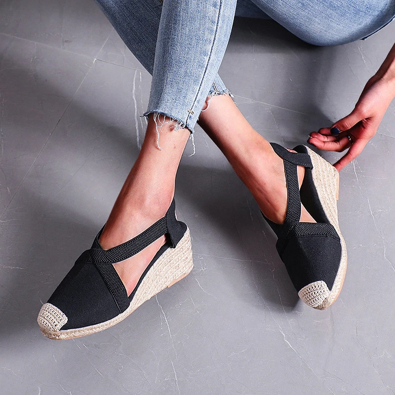 

Newest Women Straw Hemp Rope Sandals Retro Linen Canvas Wedge Round Toe Casual Sandals Singles Shoes Elegant Closed Toe Sandal