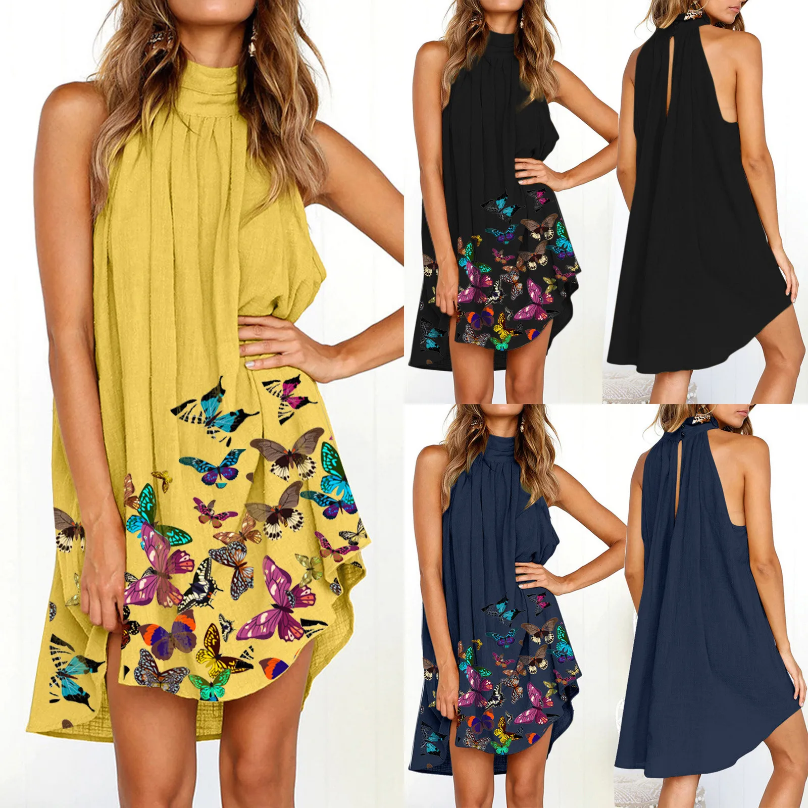 

Женское винтажное платье-рубашка с запахом, свободное Повседневное платье с принтом, с воротником-стойкой, без рукавов, с оборками, на лето