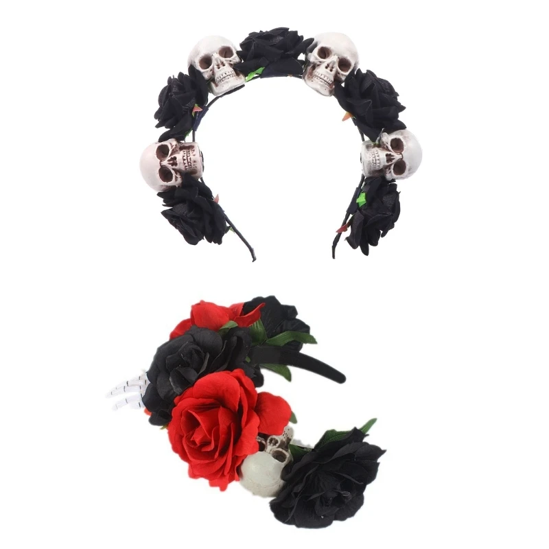 

Red Roses Skulls Headwear Headband Ghost Party Costume Hair Accessories Teenagers Black Night Roses Party Supply