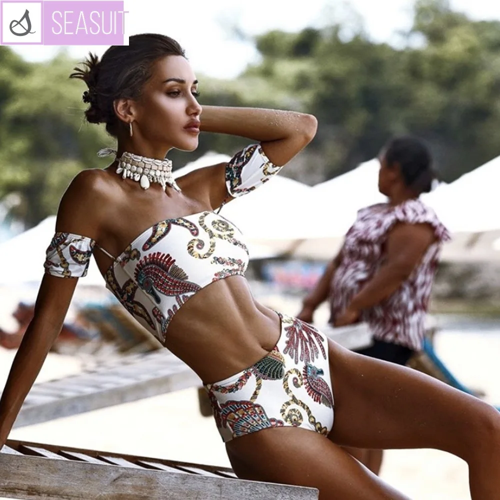 

2022 Sexy Bathing Suit Women 2022 New Ruffle Bikini Set Sea Plant Print White Swimsuit Hot High Waist With Sleeves Monokini