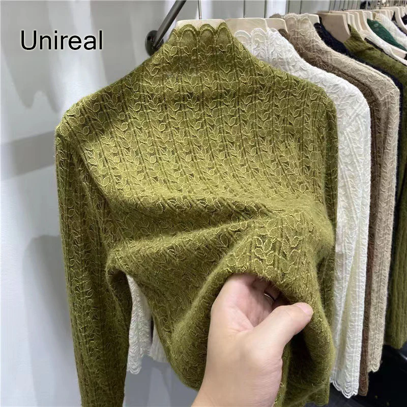 

Unireal 2022 Autumn Winter Women Lace Blouse Shirt Long Sleeve Warm Fleece Vintage Blouse Shirt Basic Turtleneck Tops